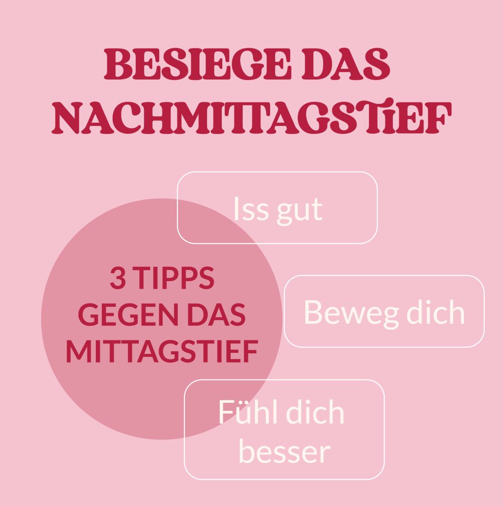 . Mit Ballaststoffen und gesunden Fetten starten
Starte deine Mahlzeit mit einem kleinen Salat, z. B. mit Olivenöl oder Leinöl als Dressing. Das kann die Verdauung verlangsamen und Blutzuckerspitzen reduzieren. Gesunde Fette wirken wie ein Puffer und geben deinem Körper mehr Zeit, die Nahrung gleichmäßig zu verarbeiten. Alternativ eignet sich auch eine kleine Portion Nüsse, die eine Kombination aus Eiweiß, Ballaststoffen und guten Fetten enthalten, ideal, um den Blutzucker zu stabilisieren und Müdigkeit zu verringern.
2. Komplexe Kohlenhydrate und Ballaststoffe bevorzugen
Mahlzeiten mit vielen raffinierten Kohlenhydraten (z. B. weißer Reis oder Weißbrot) führen häufig zu einem raschen Anstieg des Blutzuckers gefolgt von einem starken Abfall. Das macht schläfrig. Achte stattdessen darauf, dass dein Mittagessen mindestens 10 % Ballaststoffe und komplexe Kohlenhydrate enthält wie z. B. Bohnen, Linsen, Quinoa oder Süßkartoffeln. Diese Lebensmittel werden langsamer verdaut und liefern langanhaltende Energie.
3. Nach dem Essen in Bewegung kommen
Ein 10- bis 15-minütiger Spaziergang nach dem Mittagessen wirkt wahre Wunder. Leichte Bewegung unterstützt die Verdauung, regt die Durchblutung an und hilft dabei, den Blutzucker stabil zu halten. Außerdem gelangt mehr Sauerstoff ins Gehirn, das steigert die Konzentration und hält dich wach.
Wenn du regelmäßig nach dem Mittagessen ein Tief erlebst, lohnt es sich, deine Essgewohnheiten unter die Lupe zu nehmen. Schon kleine Veränderungen wie mehr Ballaststoffe, gesunde Fette und ein wenig Bewegung können dein Energielevel und deine Leistungsfähigkeit nachhaltig verbessern.
Du möchtest mehr alltagstaugliche Tipps wie diesen? Dann buche ein kostenloses Kennenlerngespräch und starte voller Energie in deinen Tag!